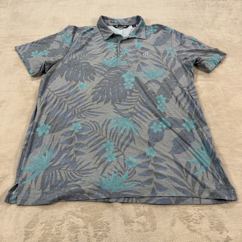 TravisMathew Mens XL Polo Shirt Grey Blue Tropical Floral Palm Pima Cotton Blend